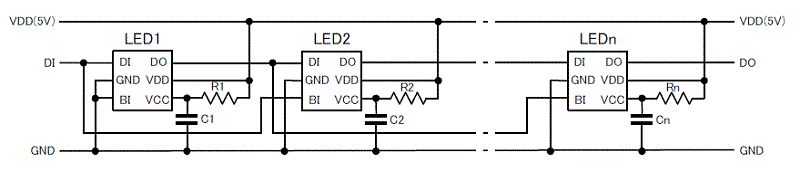 WS2813のカスケード接続回路図