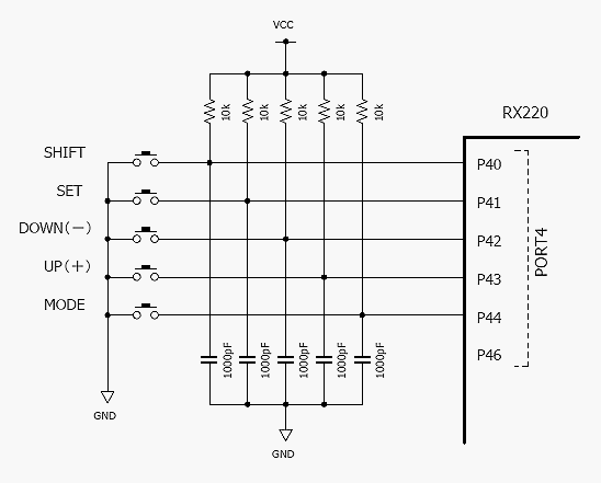 フルカラー・デジタル時計のキー入力回路図
